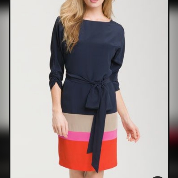 Eliza J NEW  100 % Silk Colorblock Crepe De Chine Navy Dress Belt Sz10 Knee Leng - Picture 1 of 13
